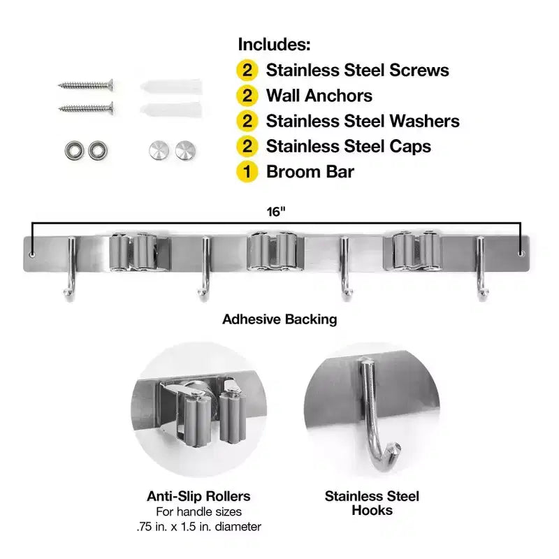 Wrap-It Broom Bar Holder with Hooks