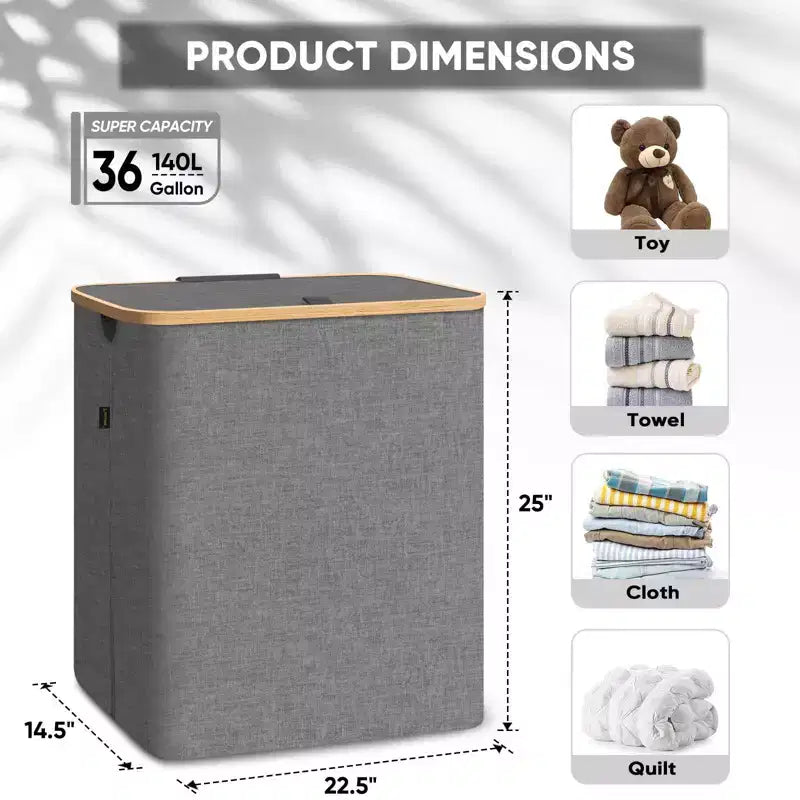 4bu Laundry Hamper with Lid, Bamboo Pull Handles, Large Capacity, Internal Support