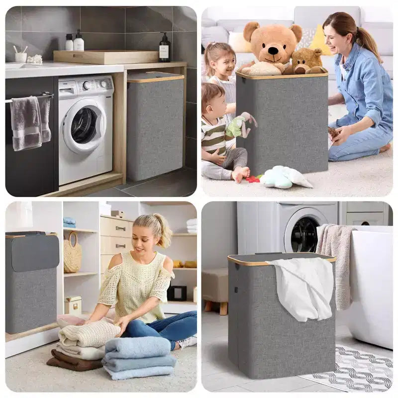 4bu Laundry Hamper with Lid, Bamboo Pull Handles, Large Capacity, Internal Support