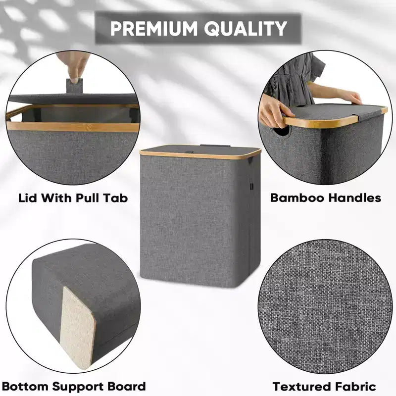 4bu Laundry Hamper with Lid, Bamboo Pull Handles, Large Capacity, Internal Support