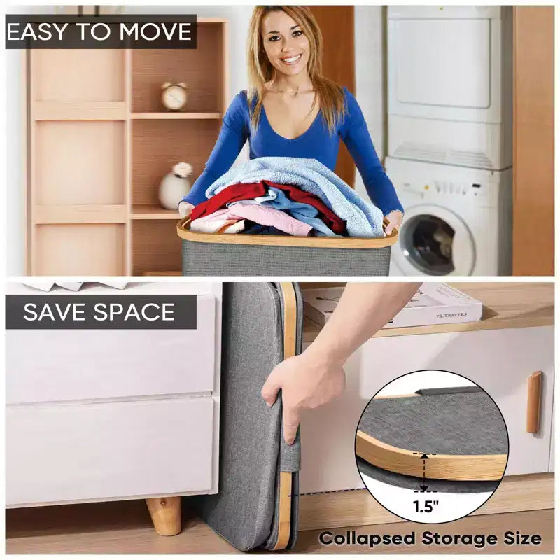 4bu Laundry Hamper with Lid, Bamboo Pull Handles, Large Capacity, Internal Support