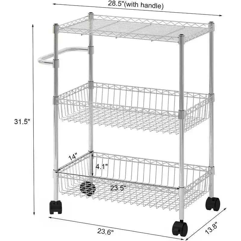 3 Tier Wire Utility Cart with Handle and Adjustable Basket, Kitchen Cart with Metal Wheels, Utility Storage Rack
