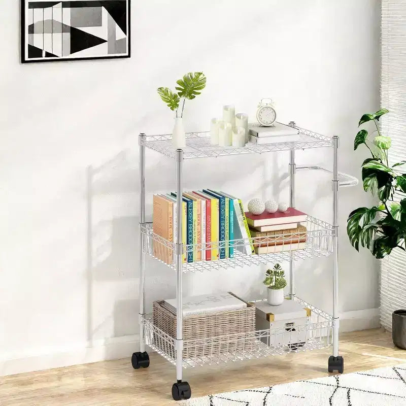 3 Tier Wire Utility Cart with Handle and Adjustable Basket, Kitchen Cart with Metal Wheels, Utility Storage Rack