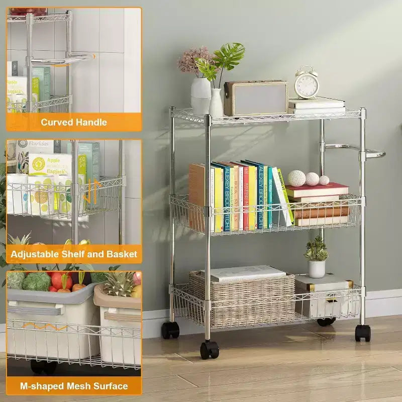 3 Tier Wire Utility Cart with Handle and Adjustable Basket, Kitchen Cart with Metal Wheels, Utility Storage Rack