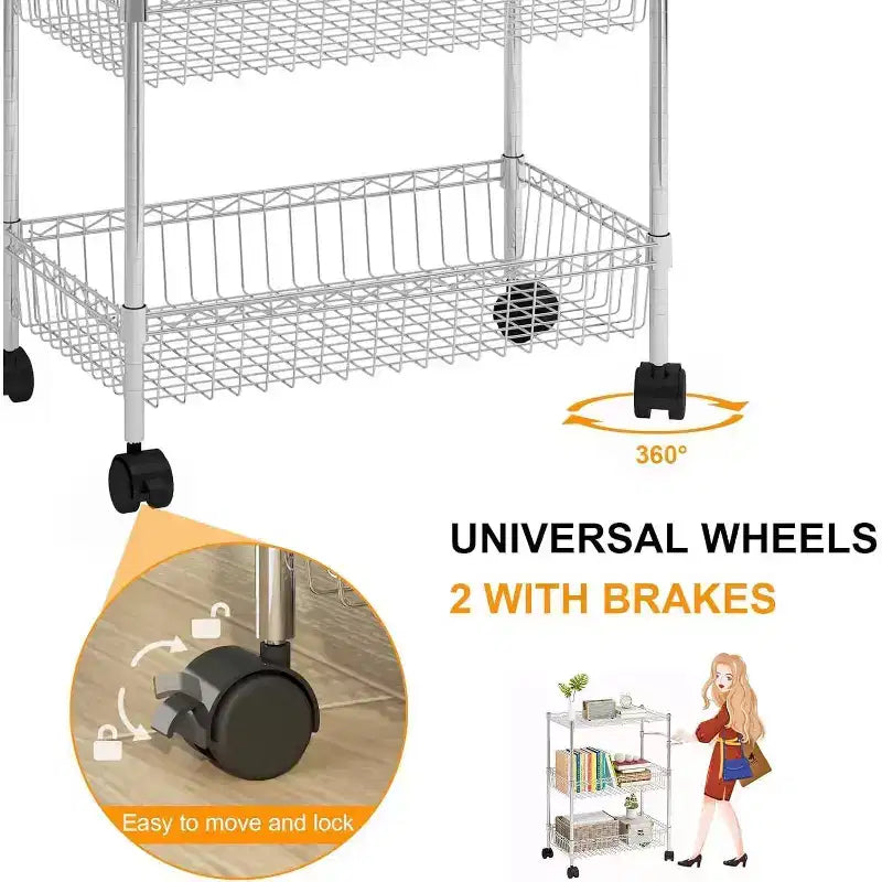 3 Tier Wire Utility Cart with Handle and Adjustable Basket, Kitchen Cart with Metal Wheels, Utility Storage Rack