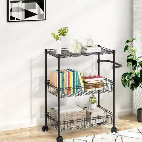 3 Tier Wire Utility Cart with Handle and Adjustable Basket, Kitchen Cart with Metal Wheels, Utility Storage Rack