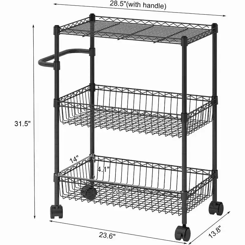 3 Tier Wire Utility Cart with Handle and Adjustable Basket, Kitchen Cart with Metal Wheels, Utility Storage Rack