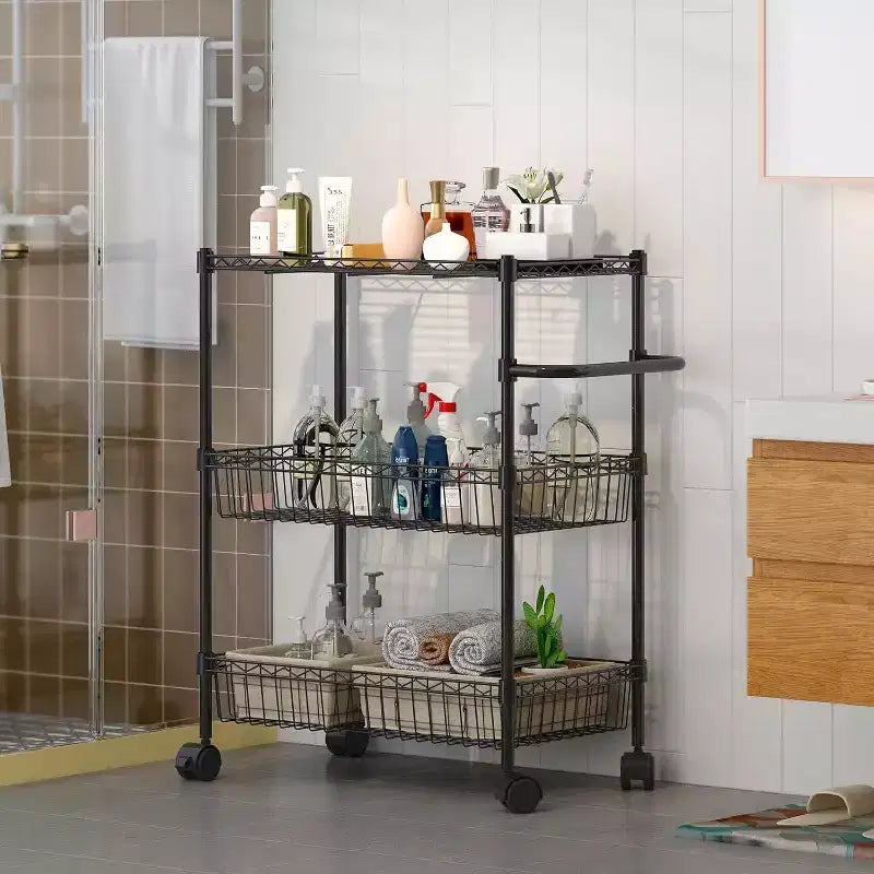 3 Tier Wire Utility Cart with Handle and Adjustable Basket, Kitchen Cart with Metal Wheels, Utility Storage Rack