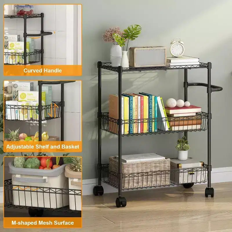 3 Tier Wire Utility Cart with Handle and Adjustable Basket, Kitchen Cart with Metal Wheels, Utility Storage Rack