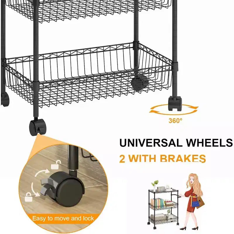 3 Tier Wire Utility Cart with Handle and Adjustable Basket, Kitchen Cart with Metal Wheels, Utility Storage Rack