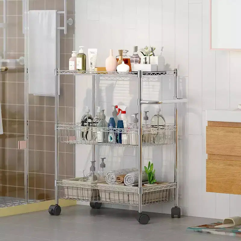 3 Tier Wire Utility Cart with Handle and Adjustable Basket, Kitchen Cart with Metal Wheels, Utility Storage Rack