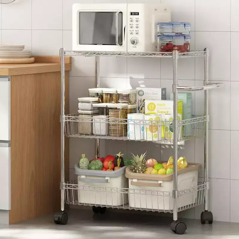 3 Tier Wire Utility Cart with Handle and Adjustable Basket, Kitchen Cart with Metal Wheels, Utility Storage Rack