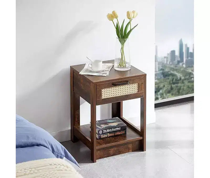 Rustic Rattan Nightstand with Drawers, Wooden Bedside Table for Farmhouse or Modern Bedrooms