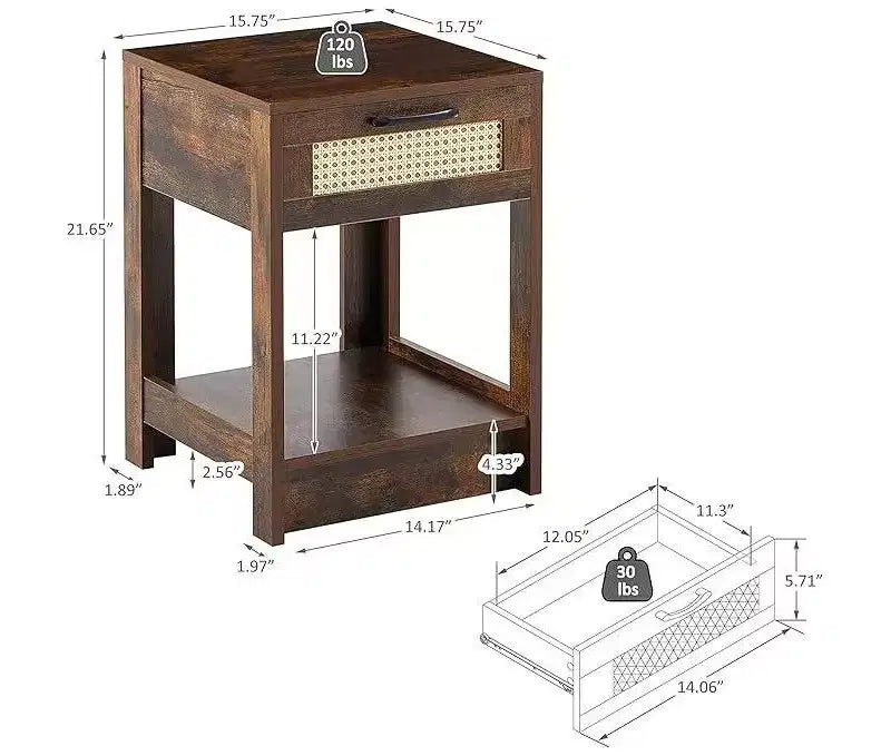 Rustic Rattan Nightstand with Drawers, Wooden Bedside Table for Farmhouse or Modern Bedrooms