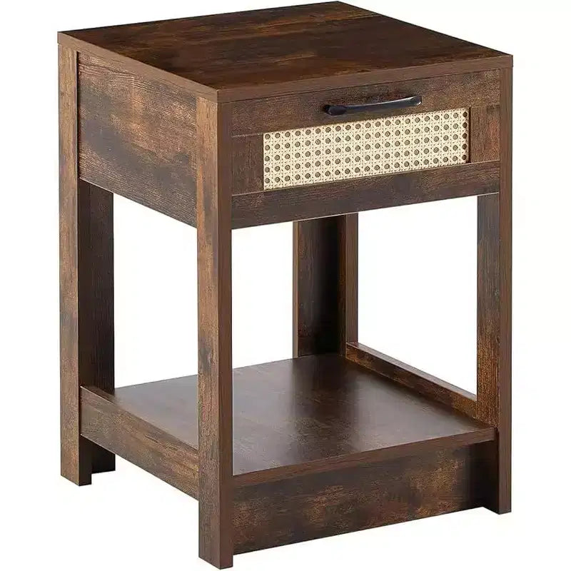 Rustic Rattan Nightstand with Drawers, Wooden Bedside Table for Farmhouse or Modern Bedrooms