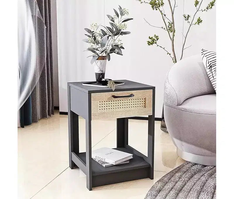 Rustic Rattan Nightstand with Drawers, Wooden Bedside Table for Farmhouse or Modern Bedrooms
