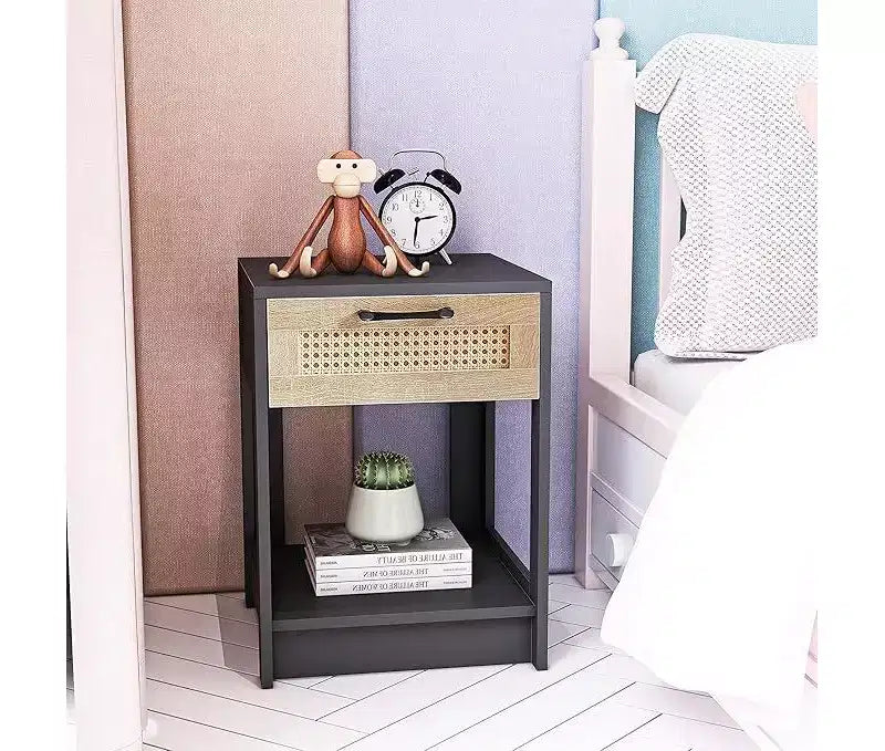 Rustic Rattan Nightstand with Drawers, Wooden Bedside Table for Farmhouse or Modern Bedrooms