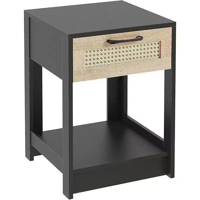 Rustic Rattan Nightstand with Drawers, Wooden Bedside Table for Farmhouse or Modern Bedrooms