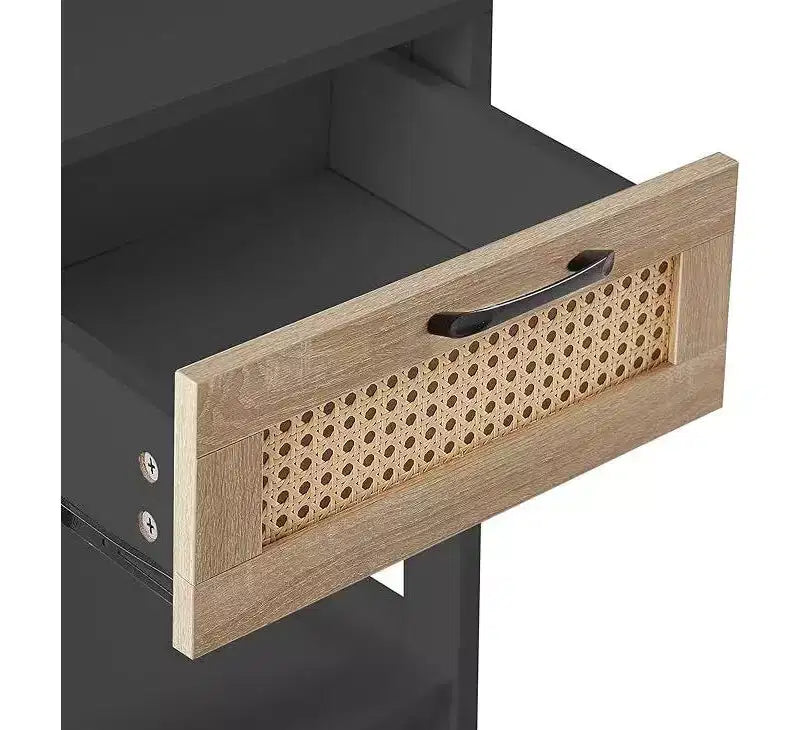 Rustic Rattan Nightstand with Drawers, Wooden Bedside Table for Farmhouse or Modern Bedrooms