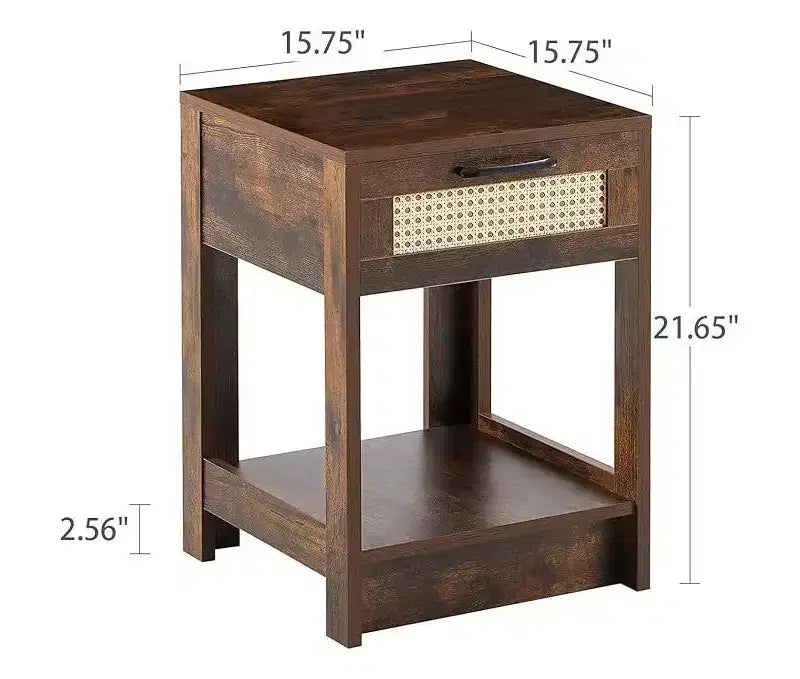 Rustic Rattan Nightstand with Drawers, Wooden Bedside Table for Farmhouse or Modern Bedrooms