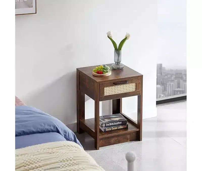 Rustic Rattan Nightstand with Drawers, Wooden Bedside Table for Farmhouse or Modern Bedrooms