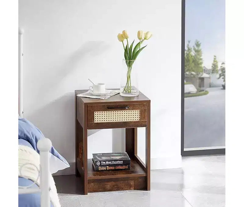 Rustic Rattan Nightstand with Drawers, Wooden Bedside Table for Farmhouse or Modern Bedrooms
