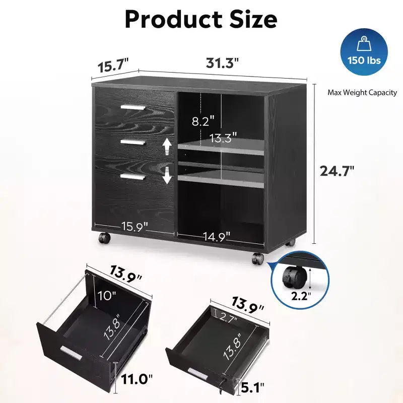 3-Drawer Wood Lateral Filing Cabinet, Mobile Printer Stand with Open Shelves for Home Office