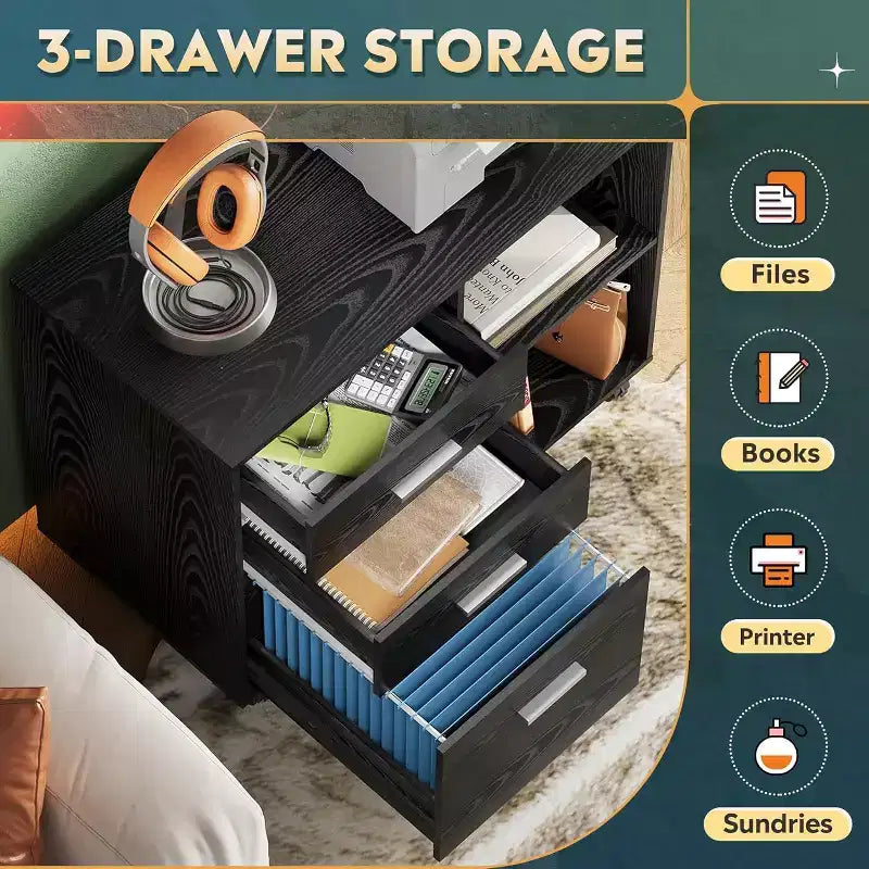 3-Drawer Wood Lateral Filing Cabinet, Mobile Printer Stand with Open Shelves for Home Office