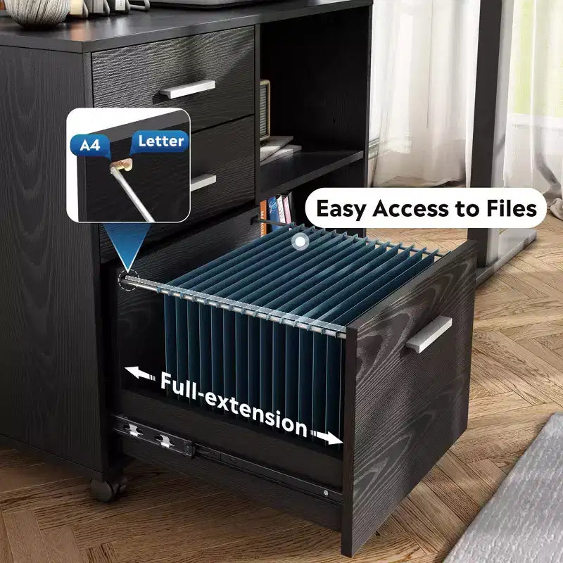 3-Drawer Wood Lateral Filing Cabinet, Mobile Printer Stand with Open Shelves for Home Office