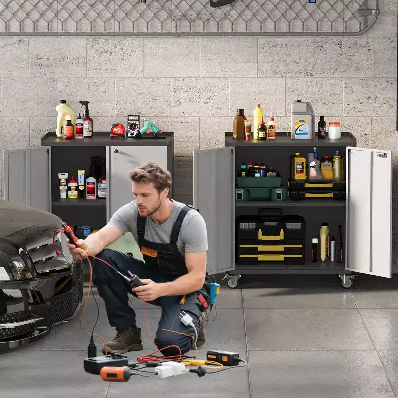 Garage Storage Cabinet with Wheels, 35.43 Locking Steel Rolling Tools Chest, Metal Storage Cabinet with 1 Shelves, Light Gray & Dark Gray