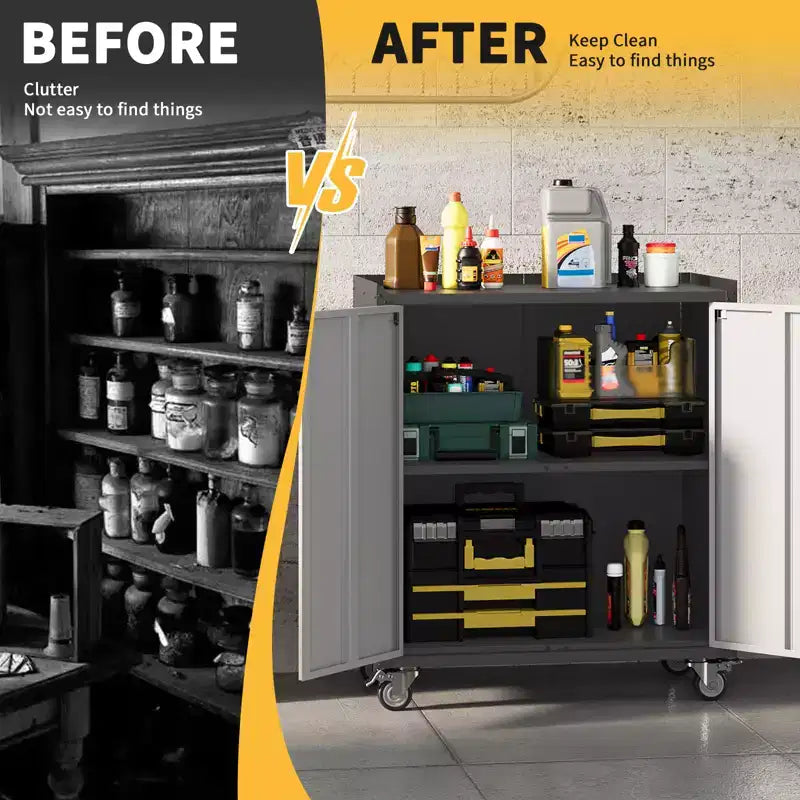 Garage Storage Cabinet with Wheels, 35.43 Locking Steel Rolling Tools Chest, Metal Storage Cabinet with 1 Shelves, Light Gray & Dark Gray