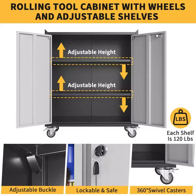 Garage Storage Cabinet with Wheels, 35.43 Locking Steel Rolling Tools Chest, Metal Storage Cabinet with 1 Shelves, Light Gray & Dark Gray