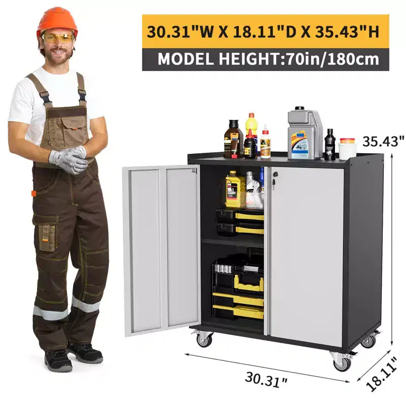 Garage Storage Cabinet with Wheels, 35.43 Locking Steel Rolling Tools Chest, Metal Storage Cabinet with 1 Shelves, Light Gray & Dark Gray