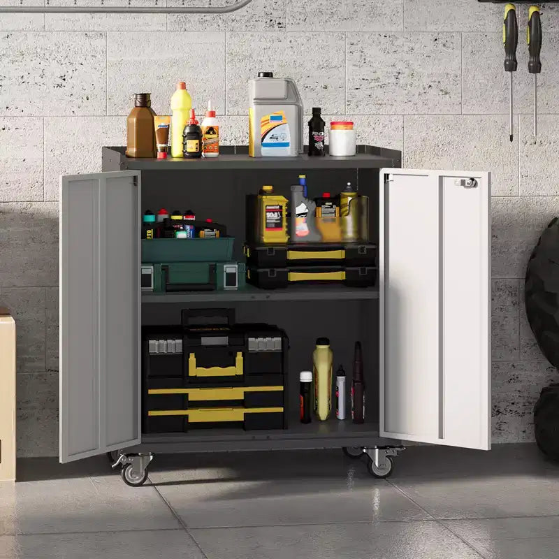 Garage Storage Cabinet with Wheels, 35.43 Locking Steel Rolling Tools Chest, Metal Storage Cabinet with 1 Shelves, Light Gray & Dark Gray