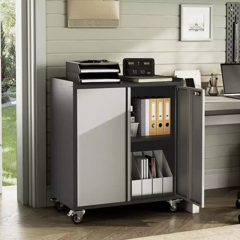 Garage Storage Cabinet with Wheels, 35.43 Locking Steel Rolling Tools Chest, Metal Storage Cabinet with 1 Shelves, Light Gray & Dark Gray