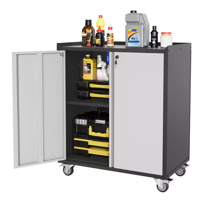 Garage Storage Cabinet with Wheels, 35.43 Locking Steel Rolling Tools Chest, Metal Storage Cabinet with 1 Shelves, Light Gray & Dark Gray