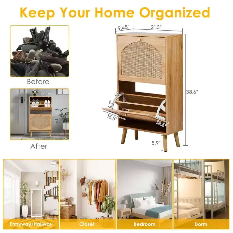 Karl Home Rattan Shoe Cabinet with 2 Flip Drawers