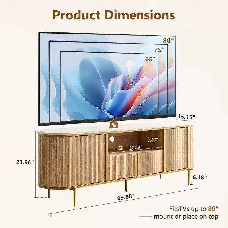 70 Fluted Stand, Modern Entertainment Center with Faux Marble Top and Curved Design, Media Console for Living Room Storage