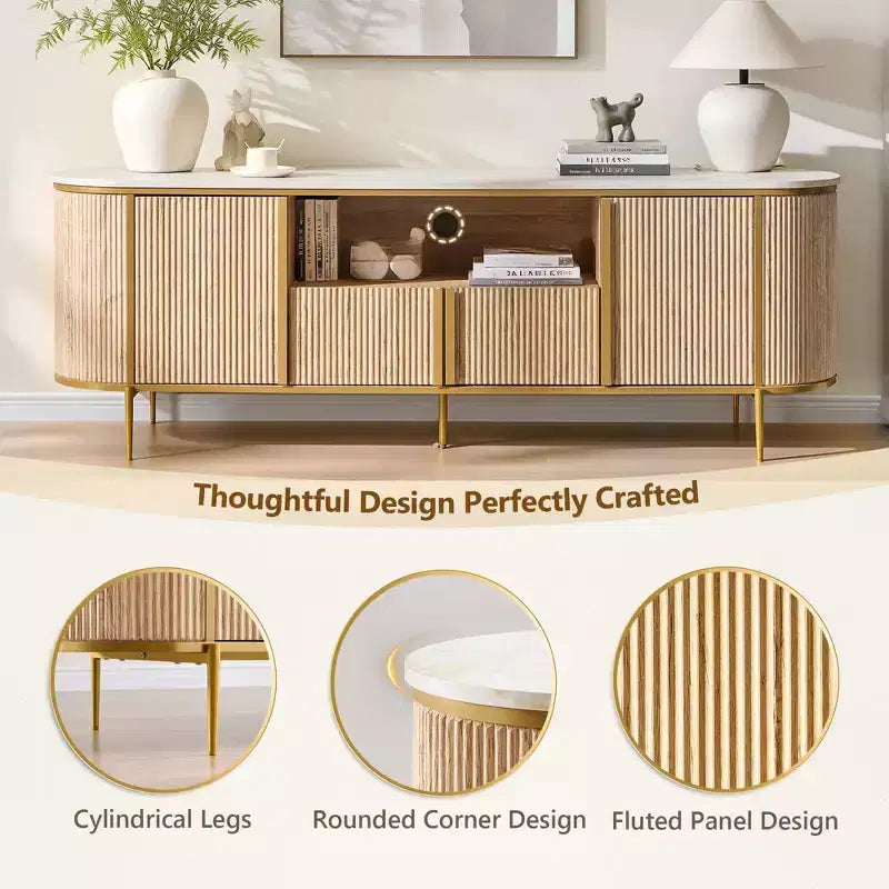 70 Fluted Stand, Modern Entertainment Center with Faux Marble Top and Curved Design, Media Console for Living Room Storage