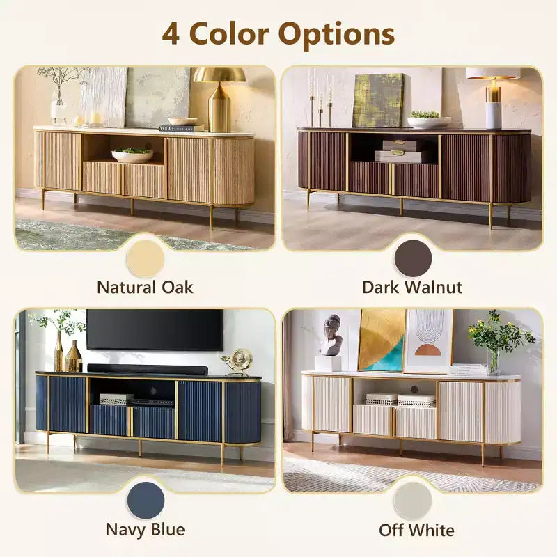70 Fluted Stand, Modern Entertainment Center with Faux Marble Top and Curved Design, Media Console for Living Room Storage