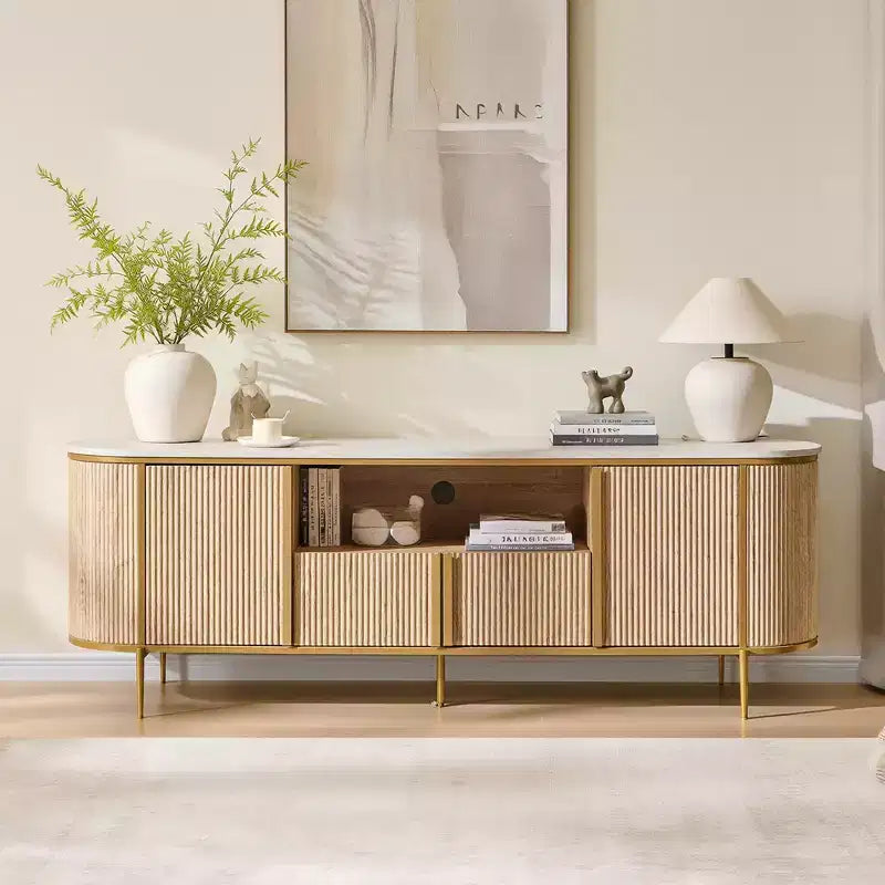 70 Fluted Stand, Modern Entertainment Center with Faux Marble Top and Curved Design, Media Console for Living Room Storage