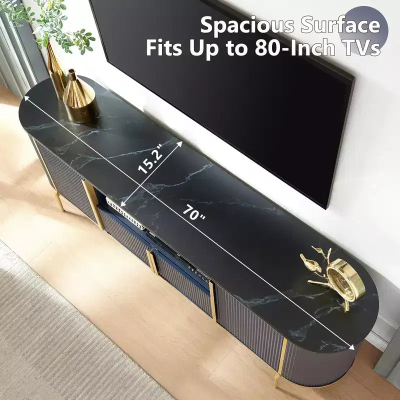 70 Fluted Stand, Modern Entertainment Center with Faux Marble Top and Curved Design, Media Console for Living Room Storage