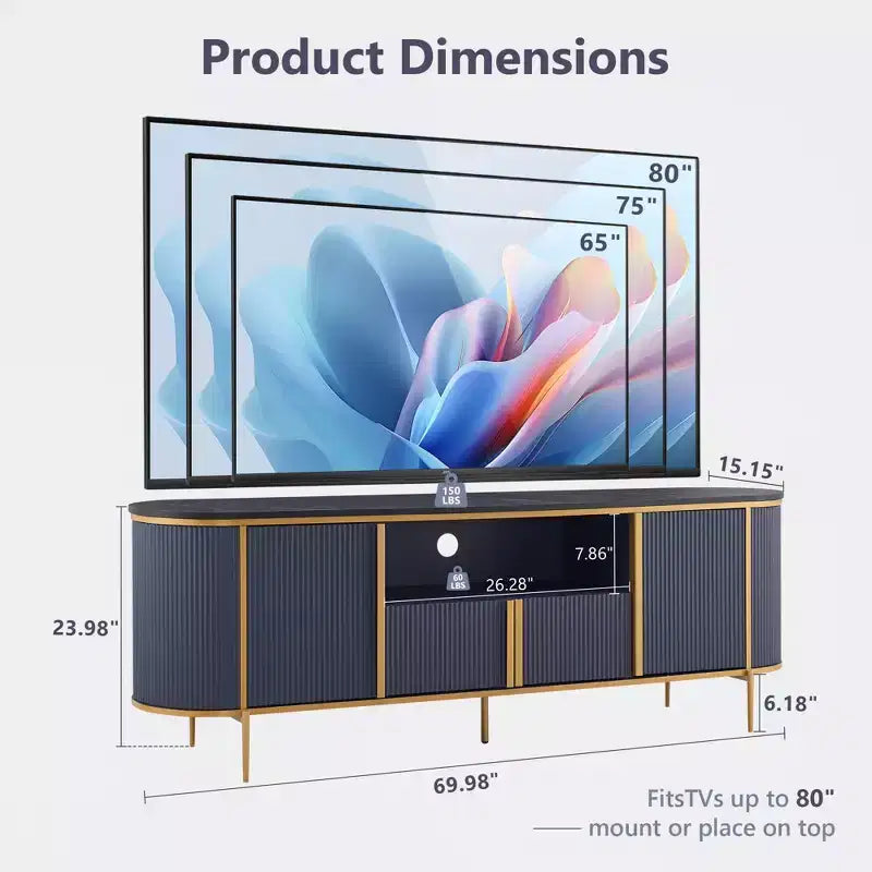 70 Fluted Stand, Modern Entertainment Center with Faux Marble Top and Curved Design, Media Console for Living Room Storage