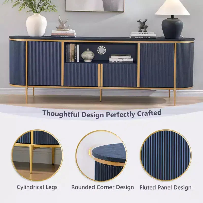 70 Fluted Stand, Modern Entertainment Center with Faux Marble Top and Curved Design, Media Console for Living Room Storage