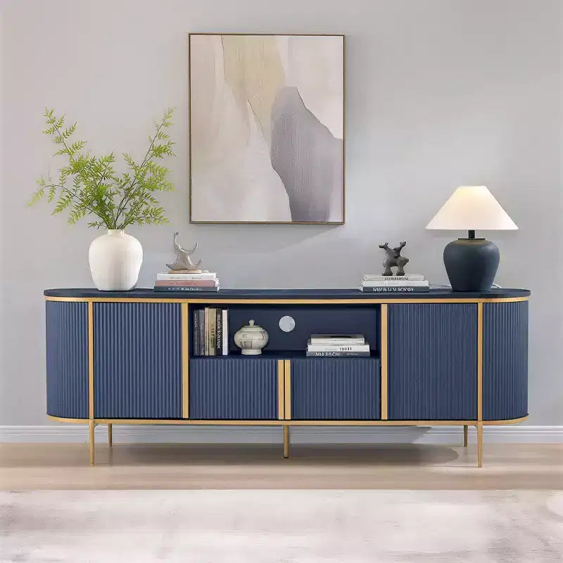 70 Fluted Stand, Modern Entertainment Center with Faux Marble Top and Curved Design, Media Console for Living Room Storage