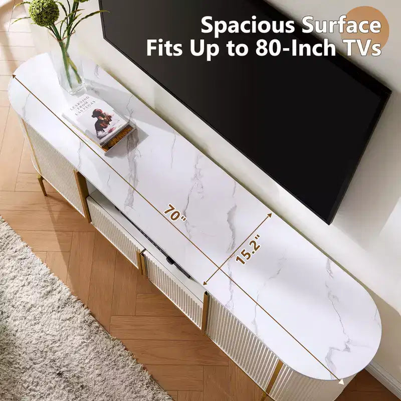 70 Fluted Stand, Modern Entertainment Center with Faux Marble Top and Curved Design, Media Console for Living Room Storage