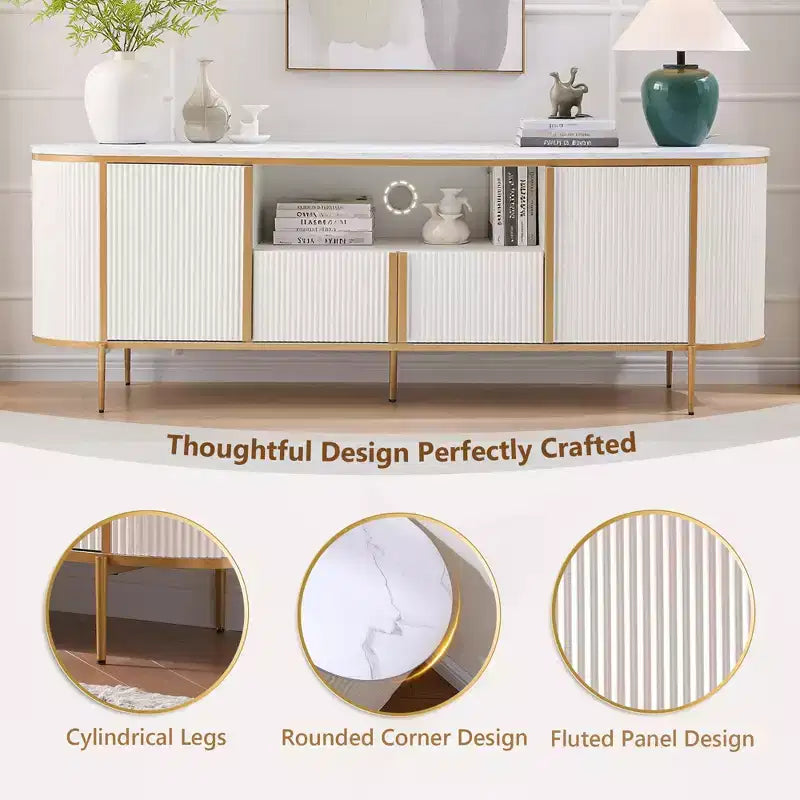 70 Fluted Stand, Modern Entertainment Center with Faux Marble Top and Curved Design, Media Console for Living Room Storage