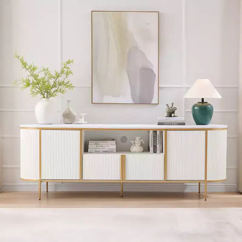 70 Fluted Stand, Modern Entertainment Center with Faux Marble Top and Curved Design, Media Console for Living Room Storage