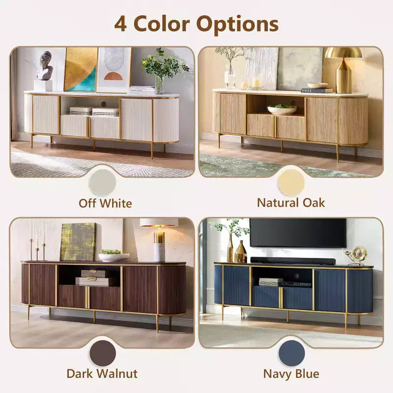 70 Fluted Stand, Modern Entertainment Center with Faux Marble Top and Curved Design, Media Console for Living Room Storage