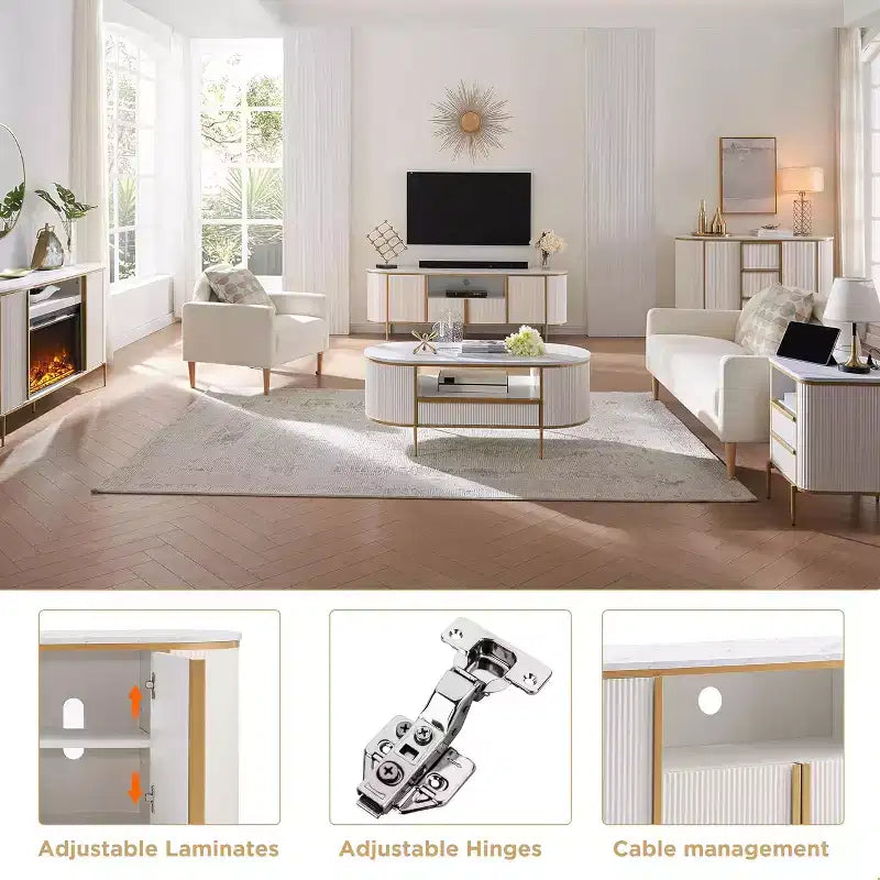 70 Fluted Stand, Modern Entertainment Center with Faux Marble Top and Curved Design, Media Console for Living Room Storage